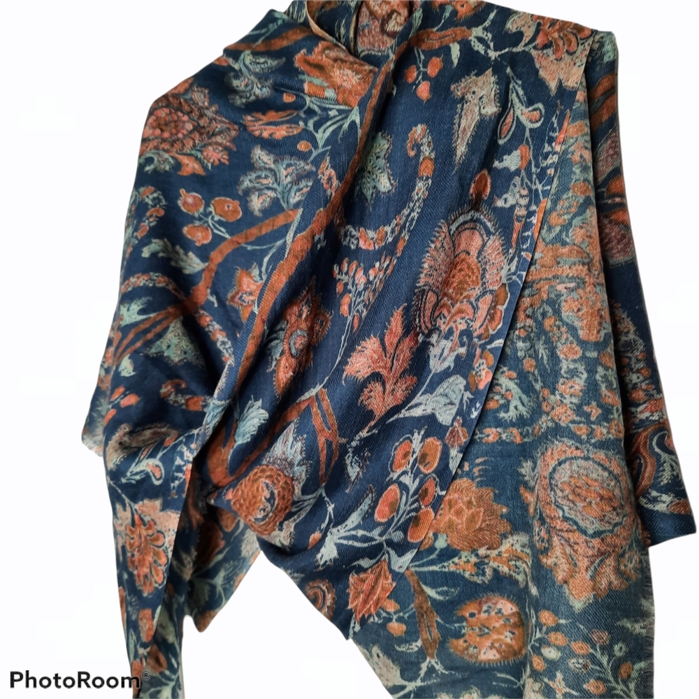 🧣Tolani Denim Blue & RustOrange Floral Scarf